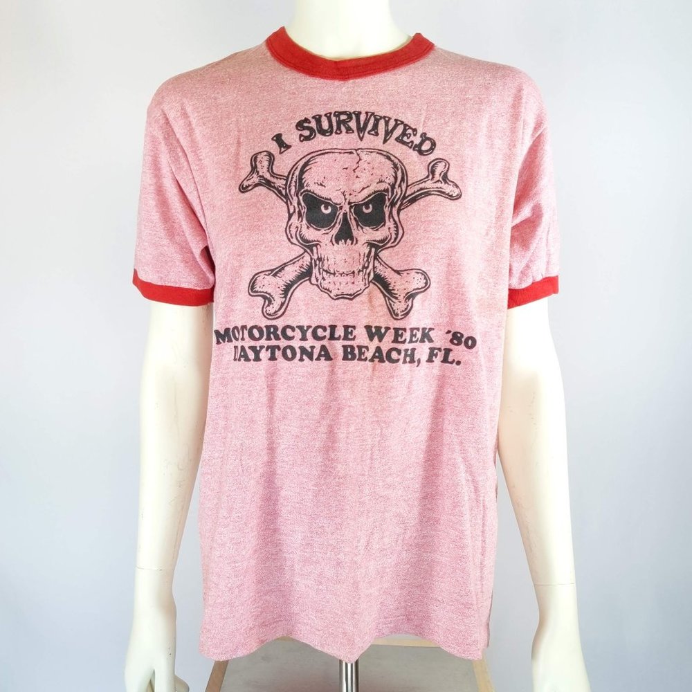 80'S STEDMAN Charlotte Motor Speedway Motorcycle Ringer T-Shirt, Made in USA, Women's Size M (approx.), Vintage polyester white type Vintage Second Hand